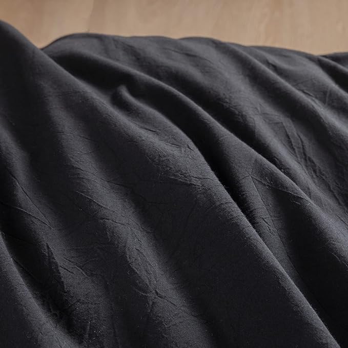 BESTOUCH Duvet Cover Set 100% Washed Cotton Linen Feel Super Soft Comfortable Chic Lightweight 3 PCs Home Bedding Set Solid Deep Black Oversized Queen