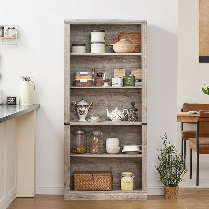 70" Grey Tall Bookshelf Set of 2,5-Tier Thick Wooden Book Shelf with Adjustable Shelves,Free Standing Farmhouse Bookcase with Open Display Storage,Floor Vintage Bookshelves for Living Room