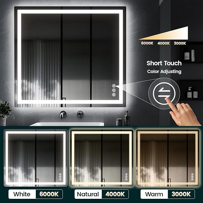 36"x 40" Bathroom Mirror with Lights, LED Mirror for Bathroom with Stepless 3 Colors Temperature & Dimmable Memory Anti-Fog Tempered Glass Mirror