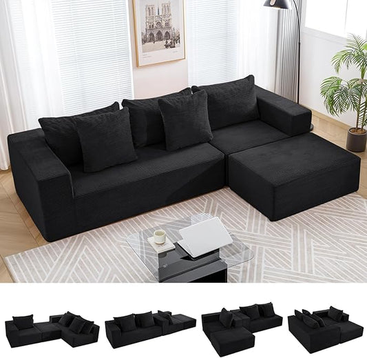 INGEROOM 108" Cloud Sectional Couch with L-Shape Chaise, Modular Sofa Memory Foam, Boneless Sofa with Movable Ottoman, Upholstered Couches for Living Room Bedroom, No Assembly Required, Black