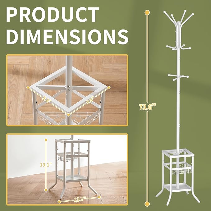 Yoobure Coat Rack Freestanding - Coat Tree with Umbrella Holder, Metal Coat Rack Stand with 12 Hooks, Modern Coat Hanger Stand for Entryway, Purse Rack Hat Rack Stand for Living Room Bedroom Office