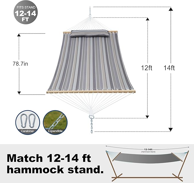 Double Quilted Fabric Tree Hammock with Spreader Bar, 14ft Hammocks 2 Person for Outside, Fits 12ft -14ft Hammock Stand, Pillow & Side Pockets & Carabiners, Max 475 lbs Capacity (Peace Dove)