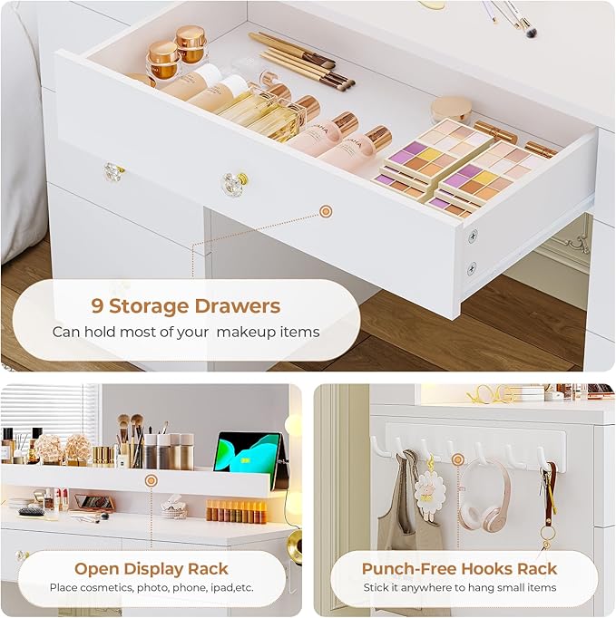 Hasuit Makeup Vanity Desk with Large Lighted Mirror and 9 Drawers, Large Vanity Desk with Storage Rack, Hook, Crystal Handle, White Bedroom Dressing Table Set with Charging Station, Lights Adjustable