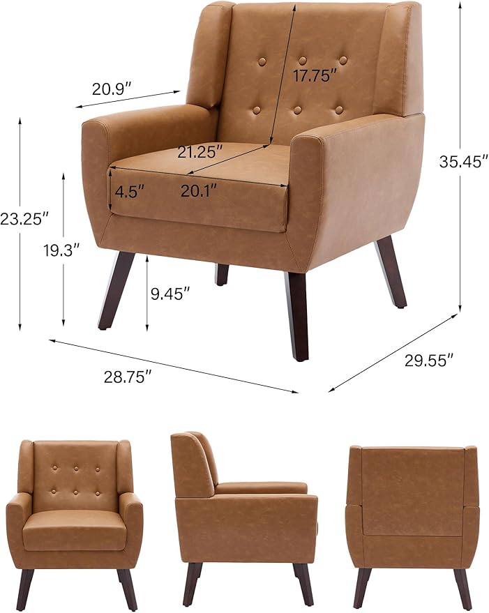 Accent Chair, Mid-Century Modern PU Leather Chairs with Arms for Living Room, Comfy Upholstered Club Single Sofa Armchair for Bedroom Waiting Room with Solid Wood Frame（Leather Brown, Set of 2)