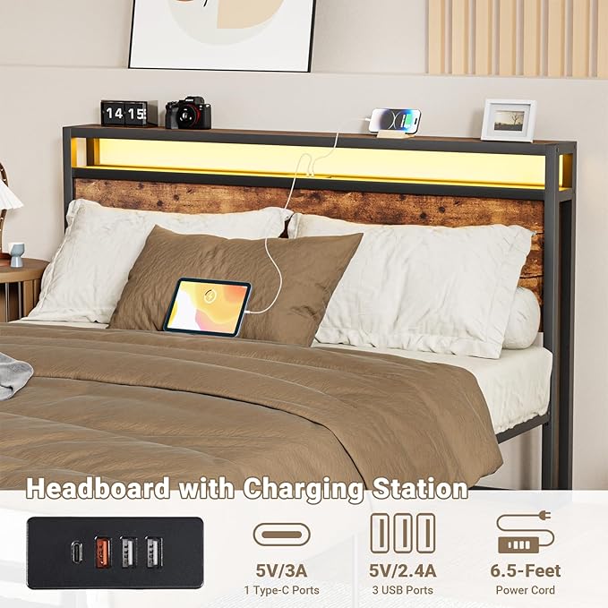 Full Bed Frame w/ 2 Storage Drawers, Full-Size Platform Bed Frame w/Headboard, Adjustable RGB LED Light, Charging Station, Full Metal Bed Frames No Spring Box Required, Brown