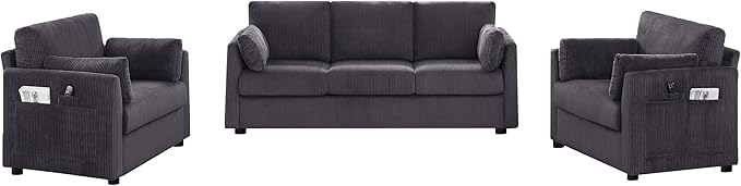 Sofa Set for Living Room Corduroy Couch Sets 3 Seater and Single Chair, Sofas for Apartment and Small Spaces .(Grey, Sofa Set)
