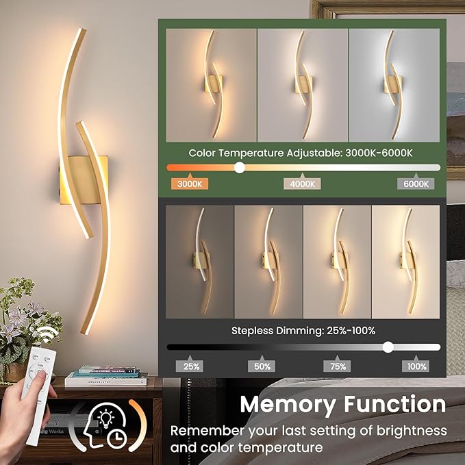 Battery Operated Wall Sconce Set of 2,Gold Wall Sconces with Remote Control,3000K-6000K Modern LED Wireless Wall Light for Living Room, Hallway, Bedroom, 39.3 Inch (2 Pack)