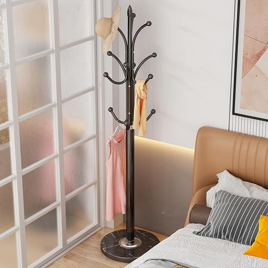 Black Coat Rack Freestanding, Metal Coat Hanger Stand, High-grade Entryway Hat Tree Coat Rack Stand with 12 Hooks & Natural Marble Base