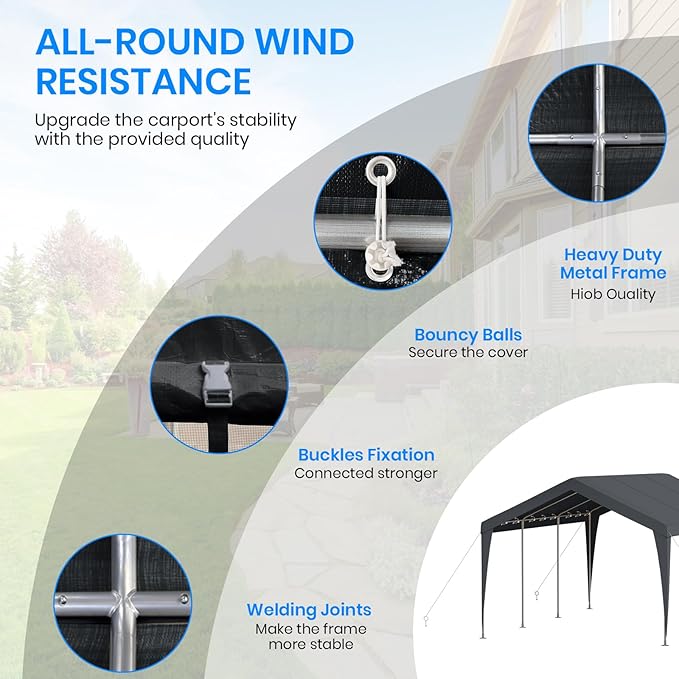 Carport 12x20 Heavy Duty Portable Garage,Galvanized Frame Carport Canopy,Portable Garages and Shelters with 8 Leg&4 Wind Rope,Car Tent Garage with All-Season Tarp for Truck Boat,Without Sidewall,Grey