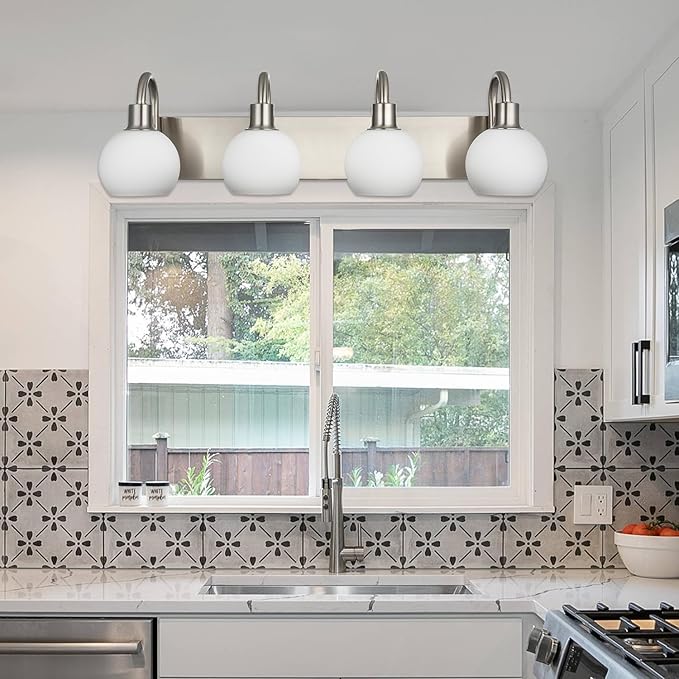 28.7 Inch Bathroom Light Fixture Brushed Nickel, Modern 4-Lights Vanity Light Over Mirror with Milk White Globe Shades, Wall Mounted Lamp for Hallway Kitchen