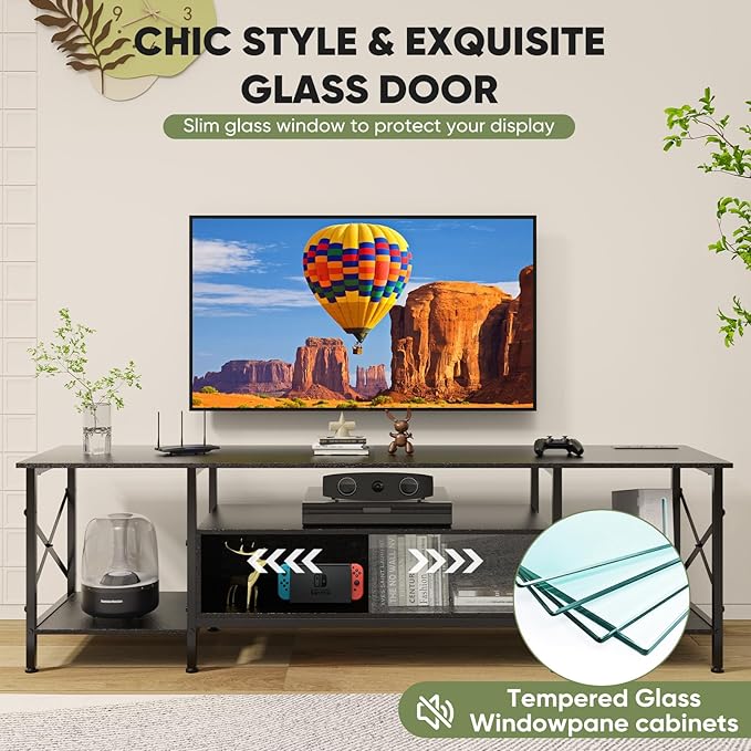 TV Stand, 63 Inch TV Stand for 50"-75" TV, Entertainment Center with Power Outlets & Open Storage Shelves, TV Media Console for Living Room, Bedroom, Black