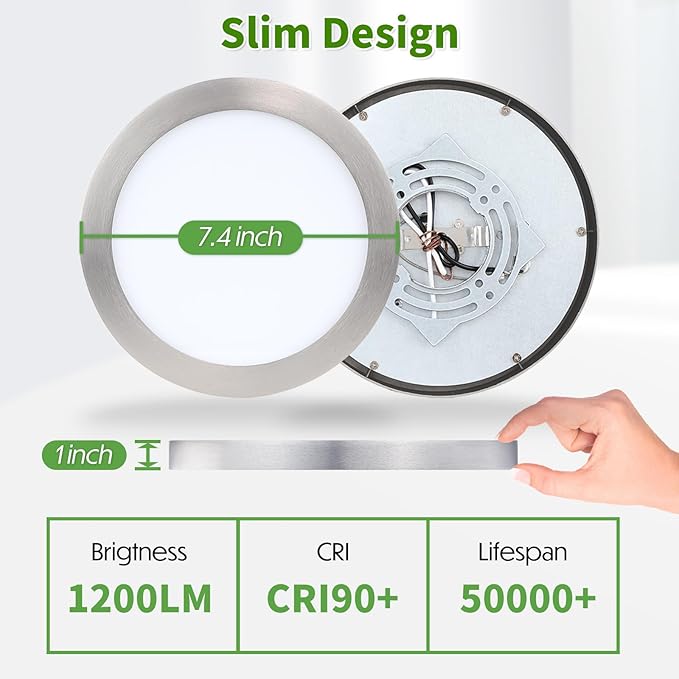 Flush Mount Ceiling Light Fixture, 7 Inch LED Modern Kitchen Light, Metal and Glass, Slim Dimmable Brushed Nickel Ceiling Light for Low Ceiling, 17W, 3000K, 2 Pack