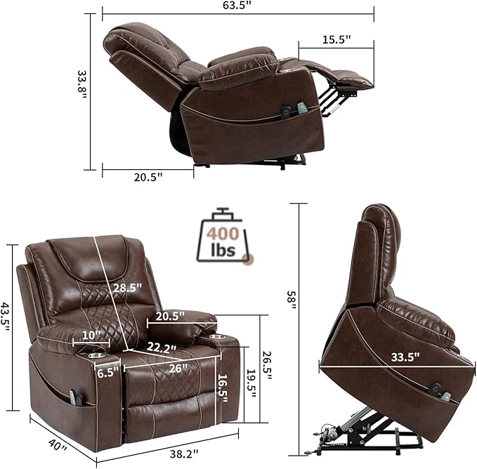 Oversized Power Lift Recliners, Lift Recliner Chairs with Heat and Massage for Elderly, Comfortable Extra Wide Recliner Features Cup Holder for Big and Tall Men (Brown Leather)