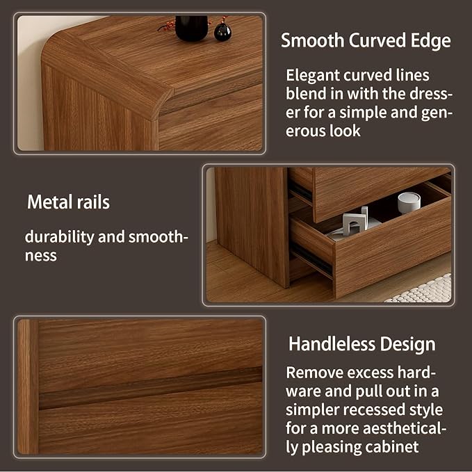 Modern 6 Drawer Dresser, 47-Inch Wood Chest of Drawers, Curved Anti-Collision Design, Mid-Century Storage Cabinet, Pre-Embedded Slots, Natural Texture, for Bedroom, Living Room, TV Stand, Nursery