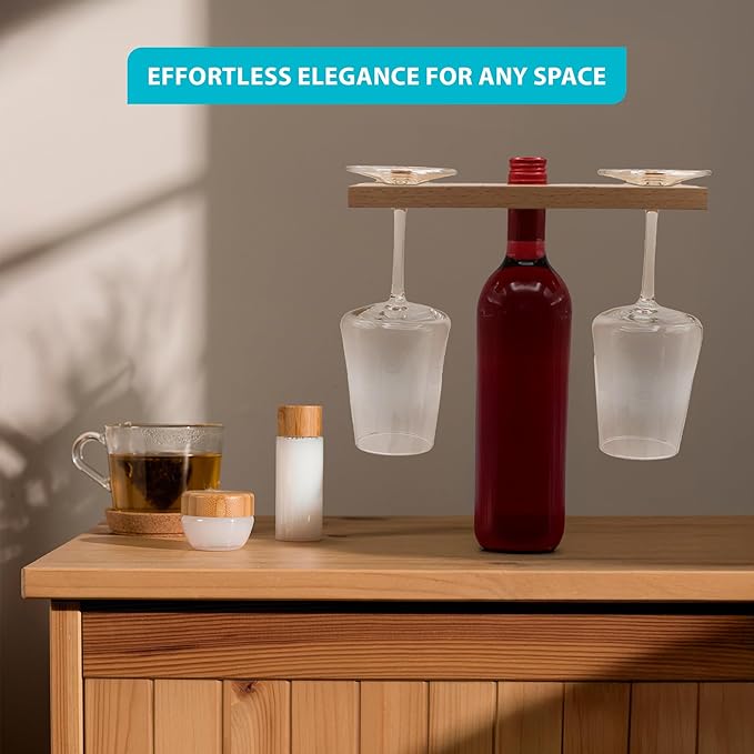 Wine & Glass Holder - Countertop or Shelf Storage Rack for 2 Glasses & Bottle, Decorative Holiday or Housewarming Gift, Solid Beachwood, 10 Inch x 3.5 Inch