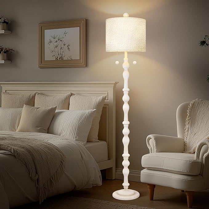 65.5” Natural Real Wood Floor Lamp for Living Room Bedroom, Dual S Cluster Socket, Pull Chains Switch, Farmhouse Tall Standing Lamp with Linen Shade for Home Room Decor (Bulbs Included)