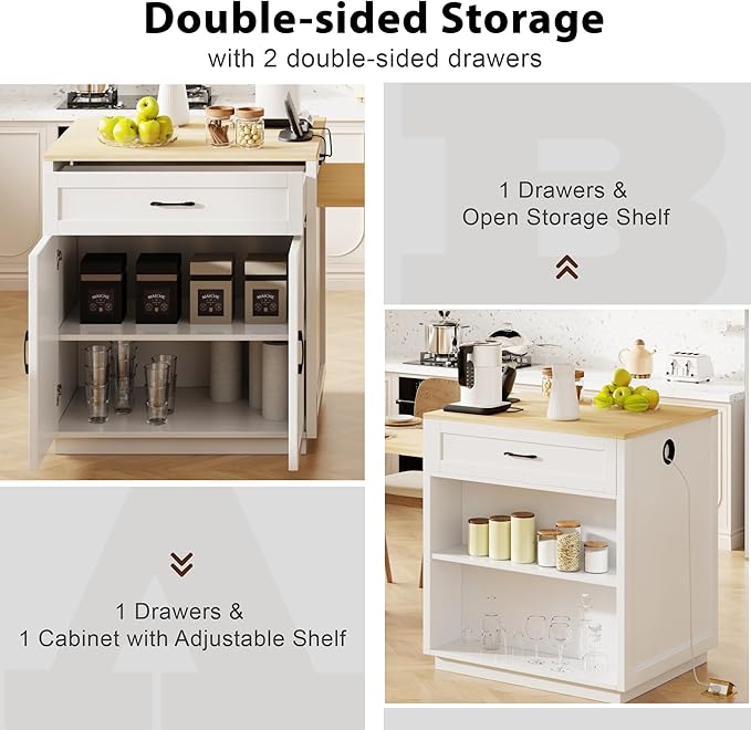 RUNNA Kitchen Island with Extendable Dining Table for 4-6 Person,Two-Tone KitchenTable, Power Outlet, Kitchen Island with Storage 2 Drawers 2 Side Open Shelves (White Oak~010)