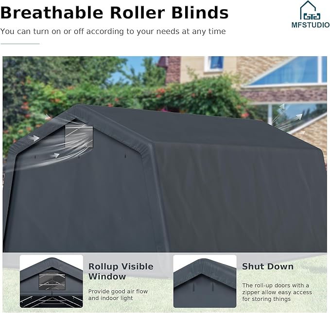 MFSTUDIO Outdoor Carport 13x22 ft, Portable Storage Sheds Shelter Garages Heavy Duty Canopy with Rolled up Zipper Doors, Outside Utility Shed Garage Tent for Boat,Patio Furniture and Tools