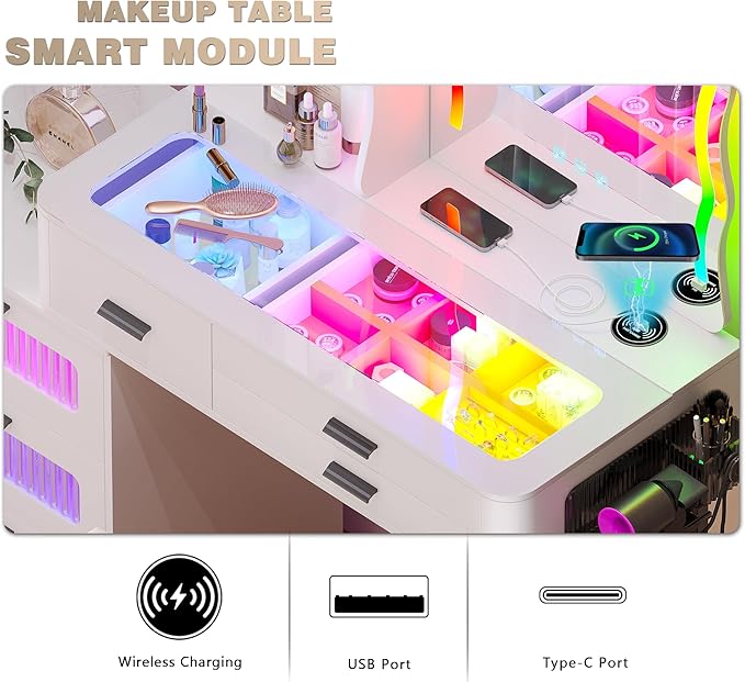 RGB Makeup Vanity Desk with Wireless Charging Station,Vanity Mirror with Lights Desk and Chair,8 Drawers,Stool,7 Dynamic and 7 Static Dimmable Vanity Table with Glass Desktop
