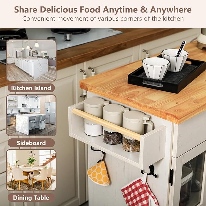 Rolling Kitchen Island with Storage on Wheels, 37.4" Island Table for Kitchen, with 2 Drawers, Adjustable Shelves, Towel & Spice Racks, Solid Pine Top - Warm Beige