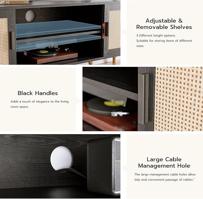 TV Stand for TVs up to 65'', Entertainment Center with Rattan Door, Shelves & 2 Cabinets, Boho Media TV Console for Living Room, Bedroom, Black