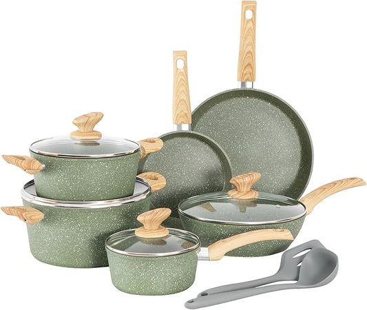 MAISON ARTS Pots and Pans Set Non Stick, 12 Piece Green Granite Kitchen Cookware Induction Compatible, Pot and Pan Sets for Cooking Nonstick
