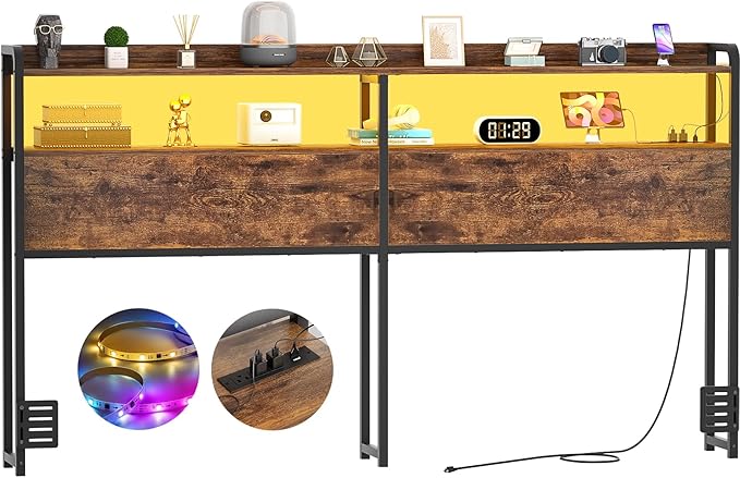 Aheaplus Headboard for King Size Bed Frame, Headboards with Outlets, USB Ports and LED Light, Head Board with Storage, Height Adjustable, Sturdy and Stable Headboard, King Size, Rustic Brown