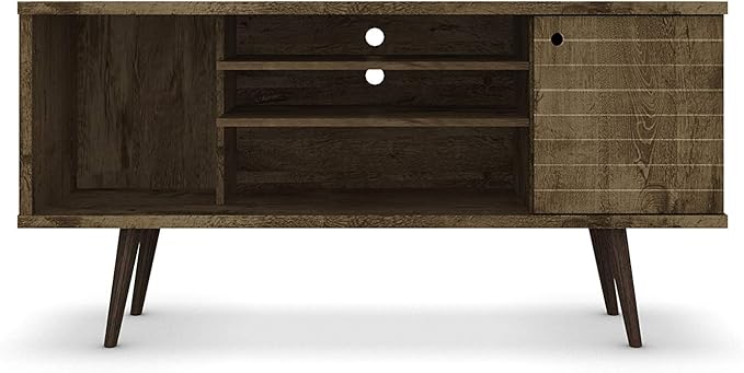 Manhattan Comfort Liberty Collection Mid Century Modern TV Stand With One Cabinet and Three Open Shelves and One Cubby With Splayed Legs, Wood, Rustic Brown, Small (200AMC9)
