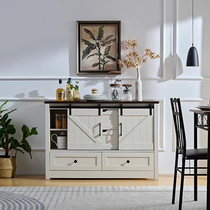 Farmhouse Dresser for Bedroom, 4 Drawers Dresser with Sliding Barn Door, 48" Wide Dresser 4 Chest of Drawers, Storage Organizer Dresser for Bedroom, Hallway, Living Room, Dining Room, Antique White
