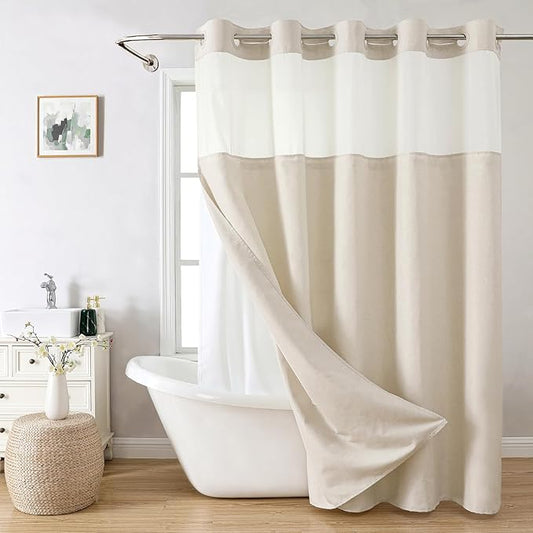 Long No Hooks Needed Linen Textured Shower Curtain with Snap-in Fabric Liner Set,Cream Hotel Luxury Decor Shower Curtains for Bathroom,Waterproof & Washable,71Wx80H