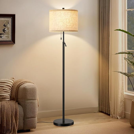 GyroVu Black Floor Lamp, Height Adjustable Standing Lamp Tall Lamp with Fabric Lampshade&Pull Chain Corner Floor Lamps for Living Room, Bedroom & Office Bulbs Not Included(Black)