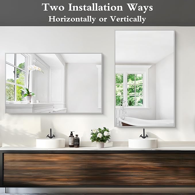 KOCUUY 30x48 Inch Large Silver Wall Mounted Mirror,Brushed Nickel Framed Rectangular Mirror for Wall Over Sink,Modern Design for Bedroom Living Room Bathroom,Functional Oversized Mirror