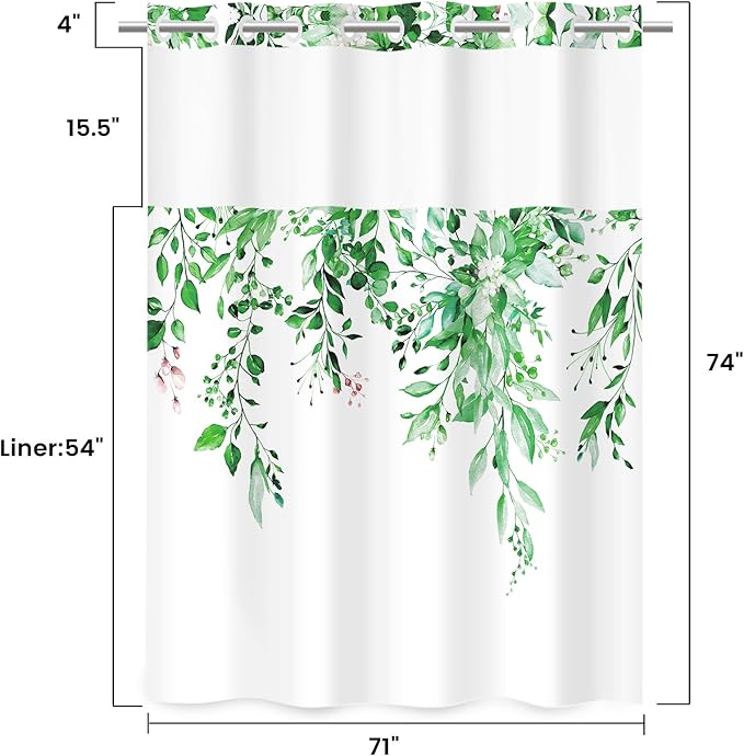 No Hook Shower Curtain with Snap in Liner - Eucalyptus Shower Curtain - Washable Waterproof Inner Liner, Plants Dark Green Leaves Modern Shower Curtains - Machine Washable, 71 x 74