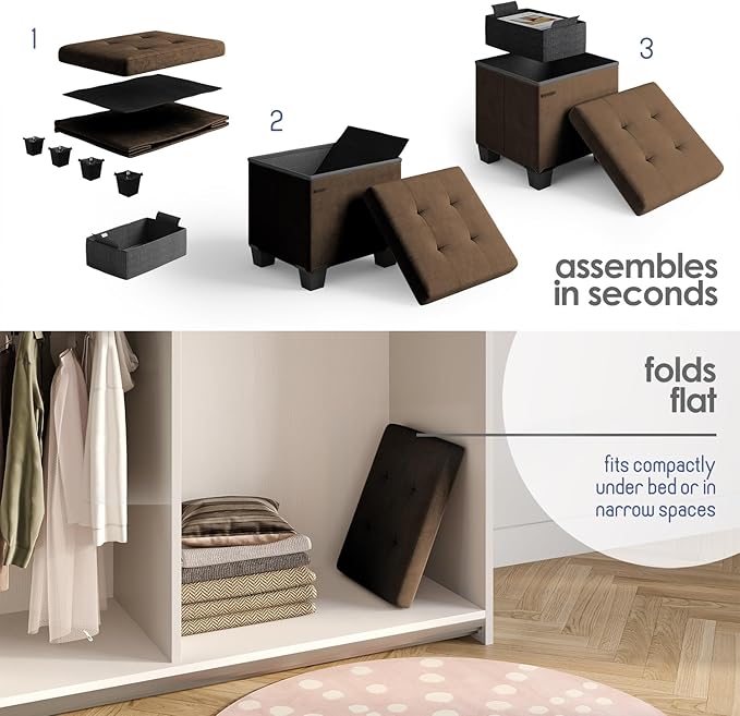 STORAGEBUD Storage Ottoman Cube with Small Bin, 15-in Square Ottoman with Storage for Living Room and Bedroom, Small Ottomans Foot Rest, Velvet Foot Stools Ottomans Max 330lbs, Brown