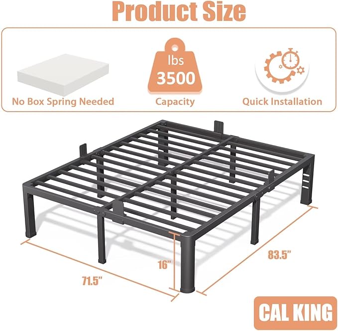 16 Inch California King Bed Frame with Rounded Corner and Headboard Hole Mattress Retainers 3500 lbs Heavy Duty Support Metal Platform Bed Frame Noise Free No Box Spring Needed Easy Assembly
