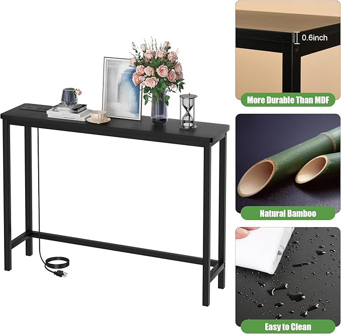 VASMIA Console Table with Power Outlet and USB Ports, Entryway Table, Narrow Sofa Table, 39" Bamboo Skinny Hallway Table for Entryway, Living Room, Bedroom, Foyer, Black