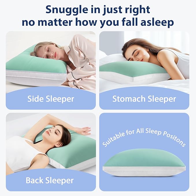 Queen Size Pillows Set of 1, Luxury Soft Hotel Down Alternative Single Pack Bed Pillows, Gusseted Supportive for Side Back Stomach Sleepers, Washable, Cooling Green, 20 x 30, 1 Pack