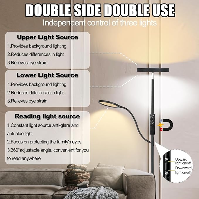 LED Floor Lamp, 36W/3000LM Super Bright Modern Tall Standing Lamp, 3 Color Temperatures Torchiere Sky Lamp with Dimmable Reading Light, Remote & Touch Control for Living Room, Bedroom, Office