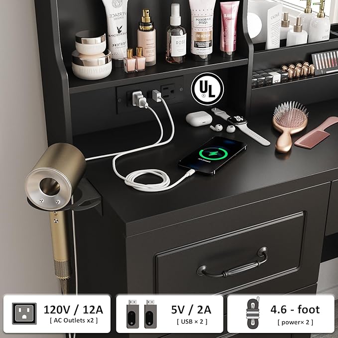 Makeup Vanity Table with Lighted Mirror & Power Strip, Vanity Set with Hair Dryer Rack, Lots Storage, 3 Lighting Modes, Brightness Adjustable, Black
