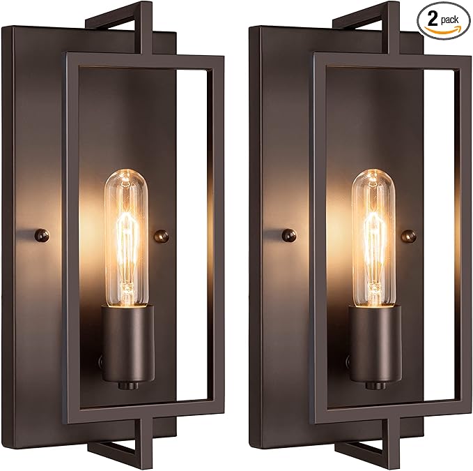 Industrial Wall Sconces Set of 2, Vintage Brown Wall Light Fixture E26 Base, Metal Rustic Wall Mount Lamp, Modern Indoor Lighting Hardwired