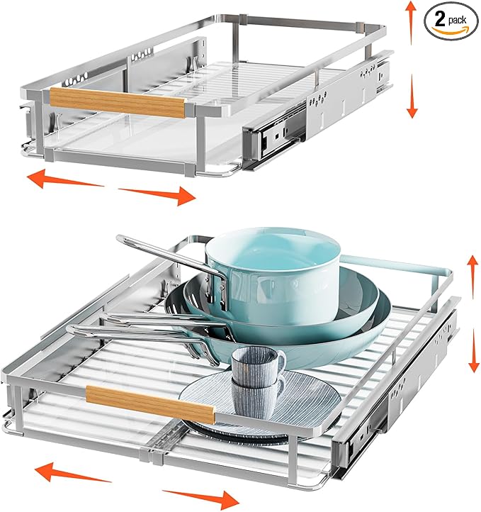 2Pack Expandable Pull Out Cabinet Organizer, Slide Out Drawers for Kitchen Cabinets, Heavy Duty Drawer Slides for Home Kitchen Pantry Cupboard Pots Pans, Adjustable Width 12.3"~18.5" W x 22.5''D