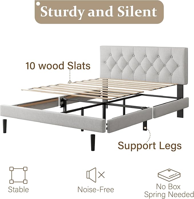 Queen Size Platform Bed Frame with Upholstered Headboard, Button Tufted Design, Strong Wooden Slats, No Box Spring Needed, Easy Assembly, Noise Free