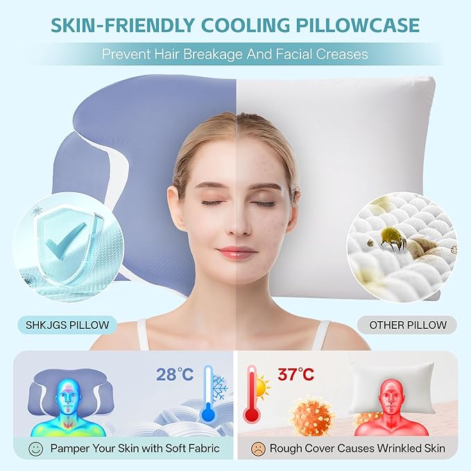 Cervical Neck Pillow for Neck Pain Relief & Support - Cooling Ergonomic Memory Foam Pillow with Dual-Height Contour & Ice Silk Cover for Side, Back, Stomach Sleepers, Blue
