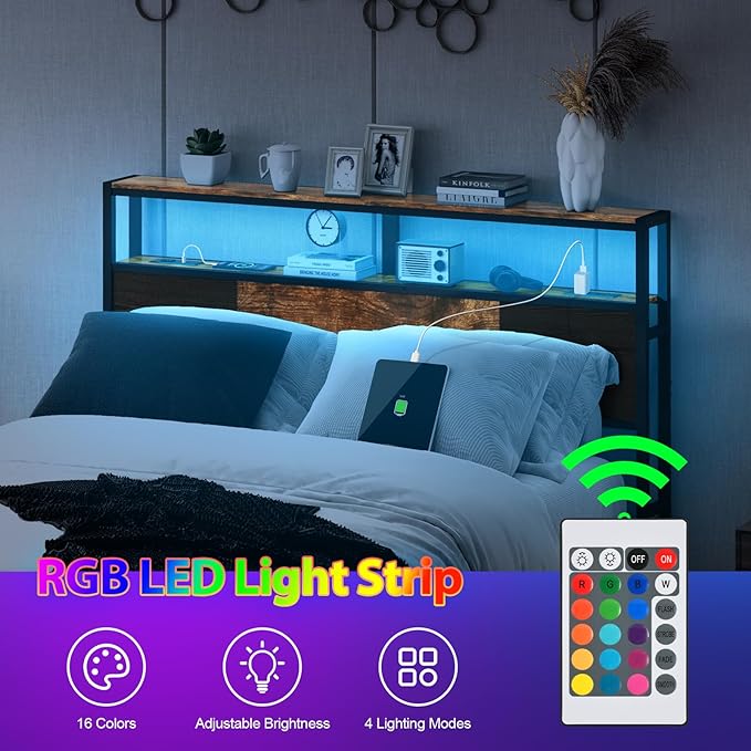 Queen Size Headboard, Headboards with Charging Station, USB Port and LED Light, Head Board with 2-Tier Storage Shelf, Adjustable Height, Easy Assembly, Sturdy and Stable, Rustic Brown