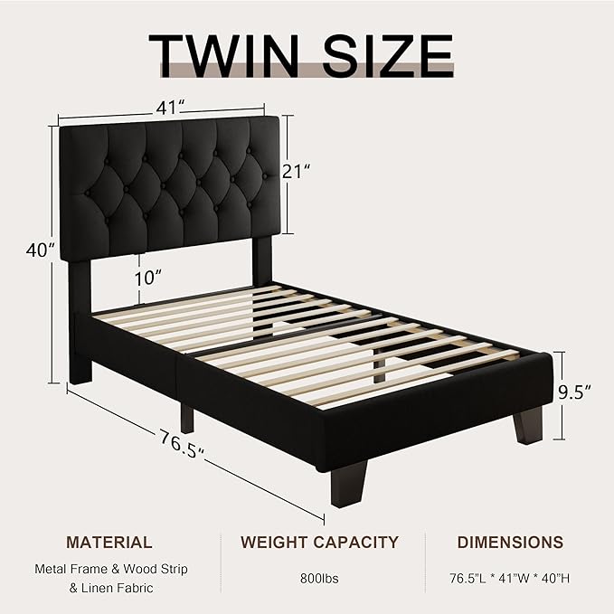 Twin Upholstered Bed Frame with Headboard, Button Tufted Linen Bed Base, Platform Bed with Wood Slat, Heavy Duty, Easy Assembly, No Box Spring Needed, Black