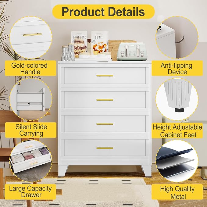 43.11" Tall Metal Dresser for Bedroom, 4 Drawer White Dresser Chest with Gold Handles, Closet Dressers Chests with Fluted Panel, Vertical Storage Cabinet for Living Room, Entryway, Hallway