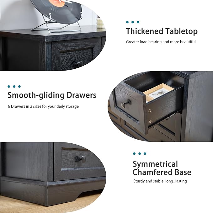 LIDYUK 6 Drawer Black Dresser for Bedroom Farmhouse Dresser Chest of Drawers, 55" Wide Clothes Organizer with Storage Cabinet Wood Chest of Drawers for Bedroom, Living Room