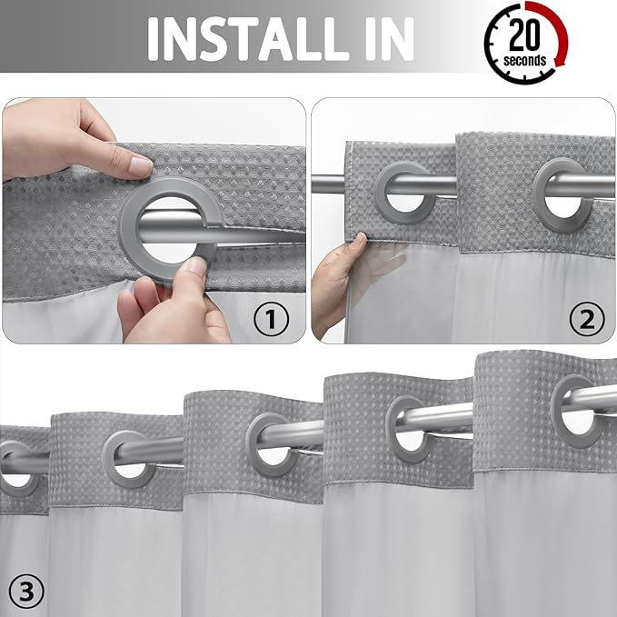 YellyHommy Stall No Hook Shower Curtain with Snap in Liner Set Less Time Grey Waffle Shower Curtain for Bathroom 75" L x 36" W