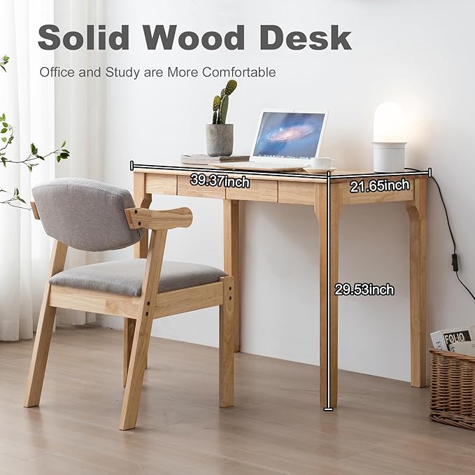 Solid Wood Desk, Gaming Study Home Office Desks for Work, Student PC Desk for Bedroom, Small Computer Desk for Small Spaces, Easy to Assemble (Wood Color, 39inch)