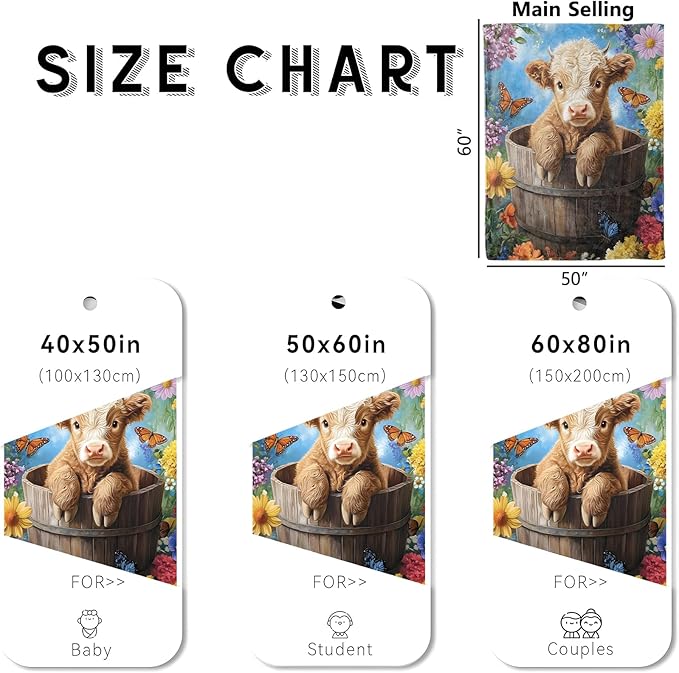 Cute Highland Cow in Barrel Blanket, Cozy Flannel Calf and Flowers Throw Blanket for Couch Outdoor, Plush Soft Lightweight Travel Blankets for Bed Decor and Gifts, for Women Adults Kids 40"x50"